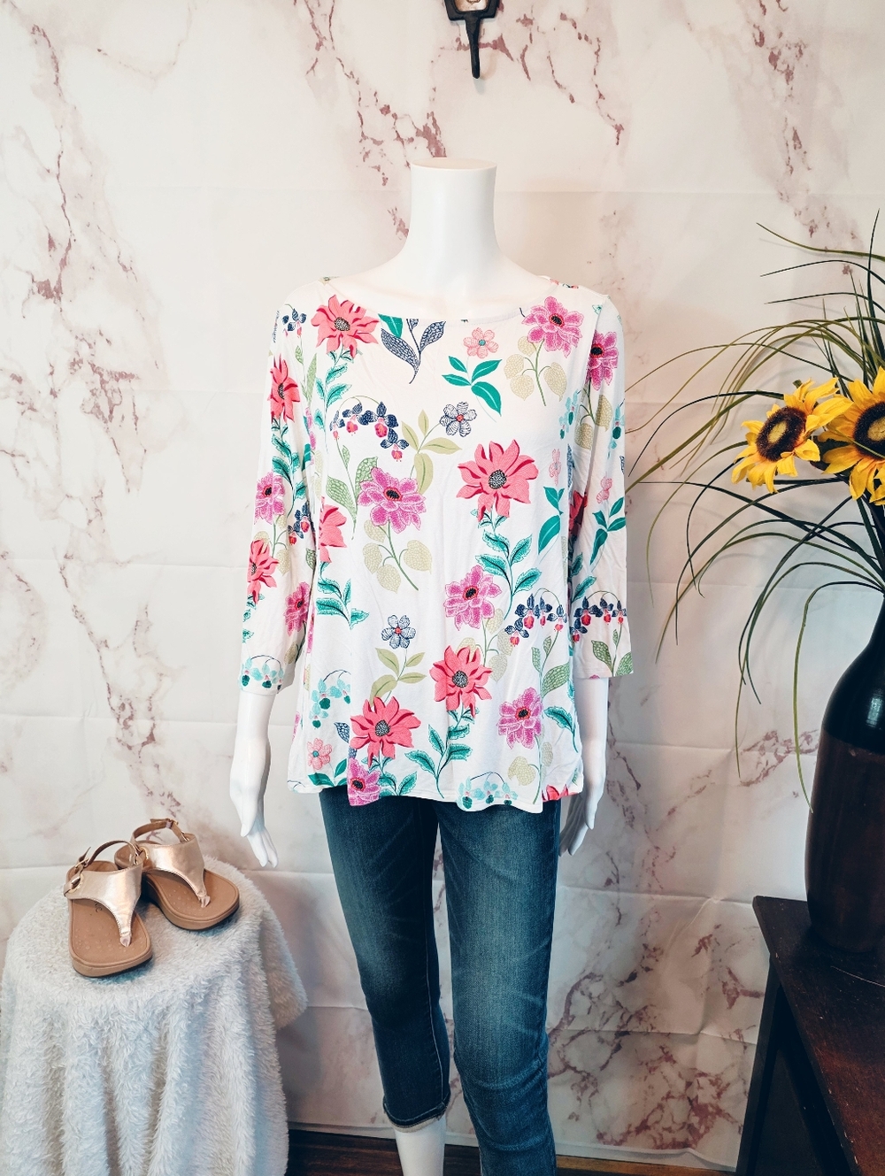 J Jill Floral Top Petite Large Rayon Spandex Stretch Casual Spring Blouse - Picture 3 of 8